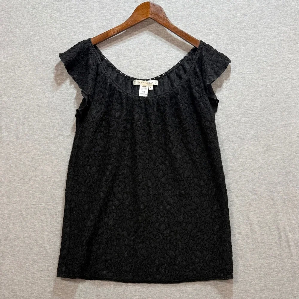 Studio M Lace Knit Top Womens Medium Black Flutter Sleeve Wool Blend Whimsigoth - Picture 1 of 8